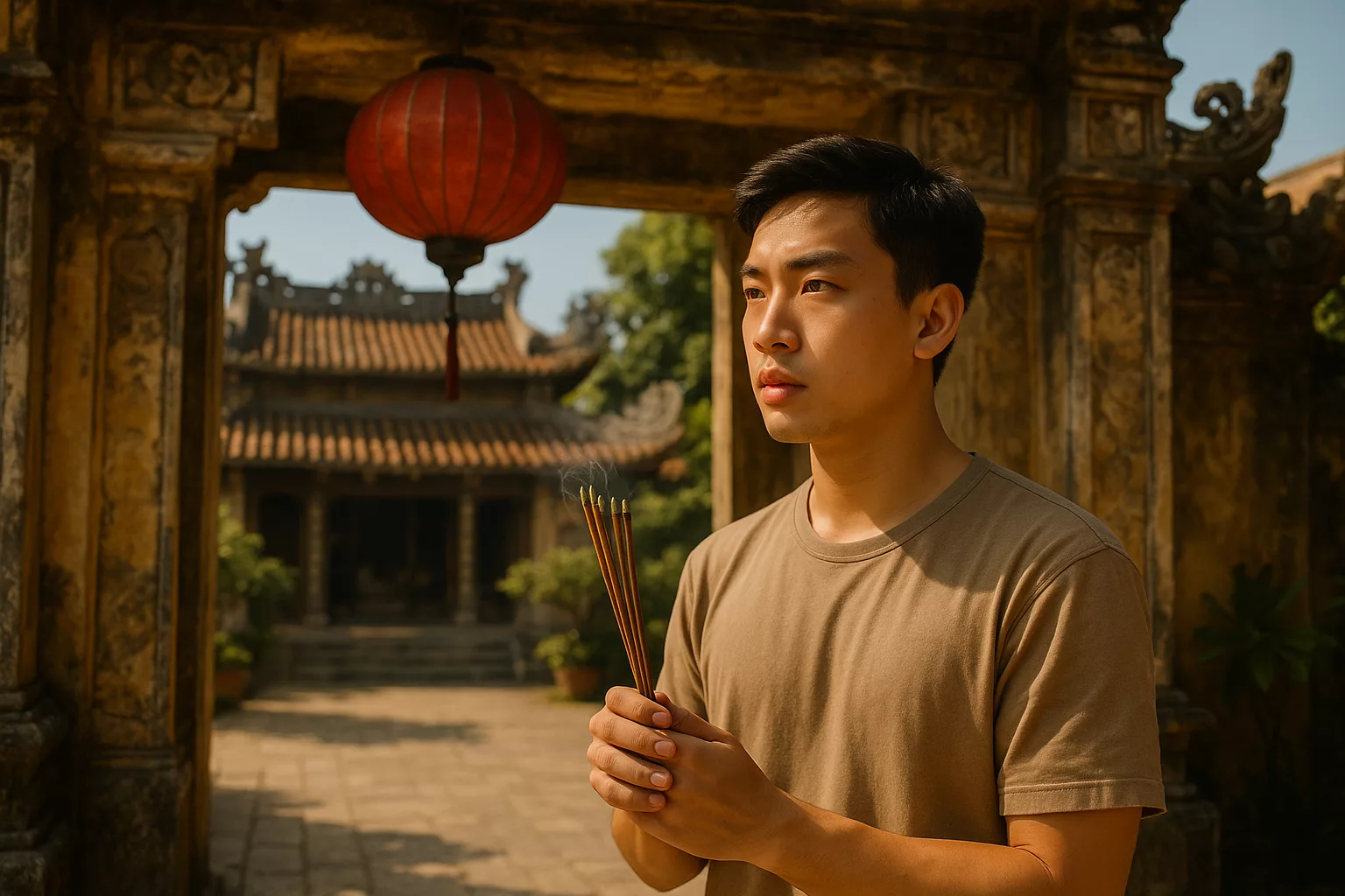 Người đứng trước cổng đền Đuổm cổ kính với đèn lồng đỏ, cầm nén hương