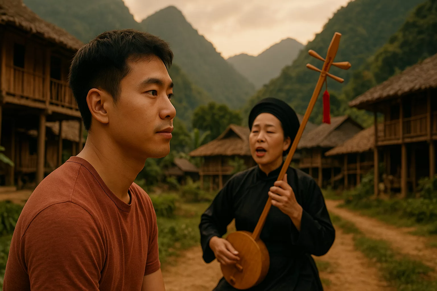 Người phụ nữ dân tộc Tày đang hát Then bên cây đàn Tính trong khung cảnh núi rừng Việt Bắc
