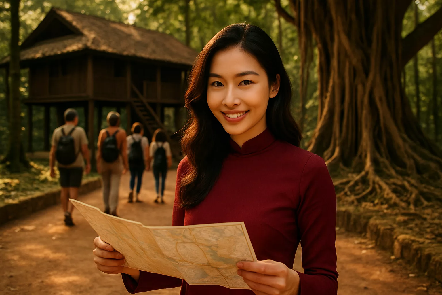 Du khách tham quan khu di tích lịch sử ATK Định Hóa với cây đa và lán trại