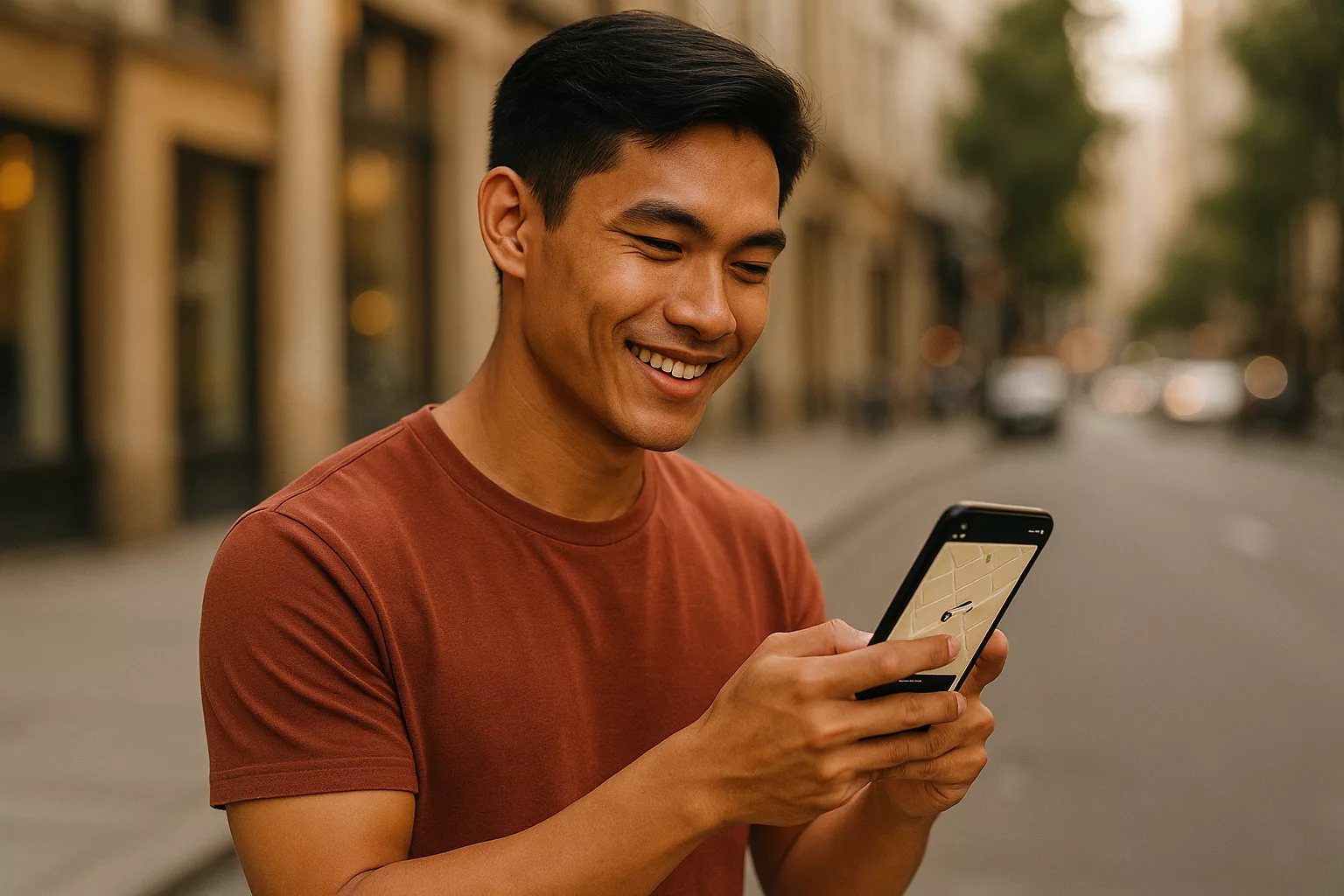 Người đang xem bản đồ trên điện thoại tại góc phố Thái Nguyên
