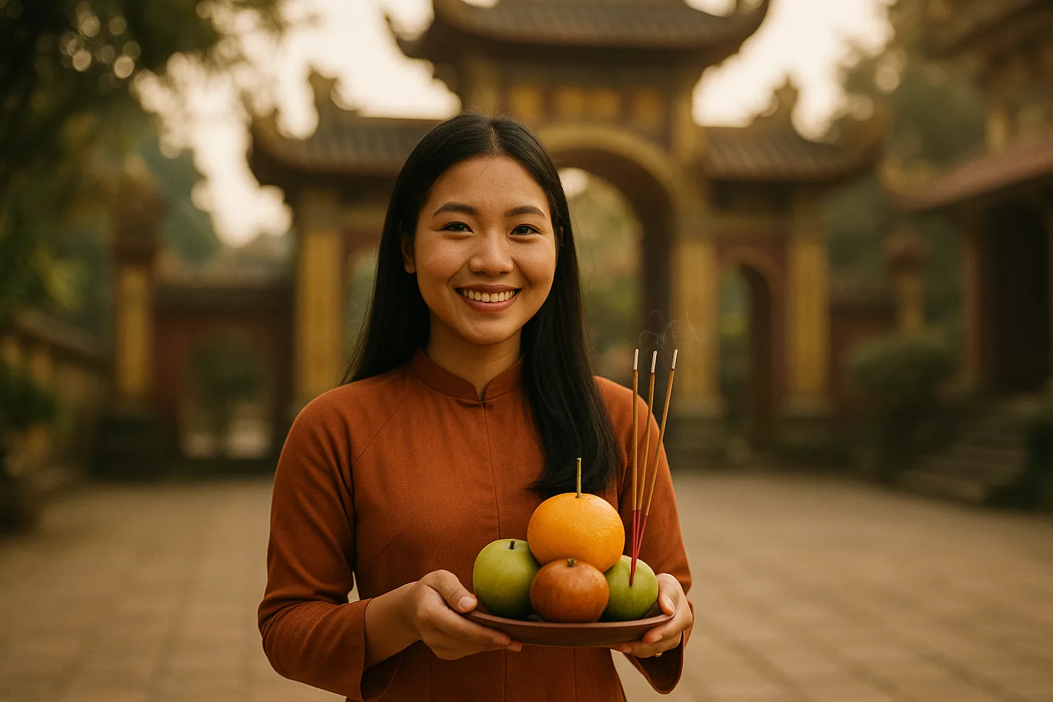 Người đứng trước chùa thanh tịnh, tay cầm nén hương, ánh sáng ban mai