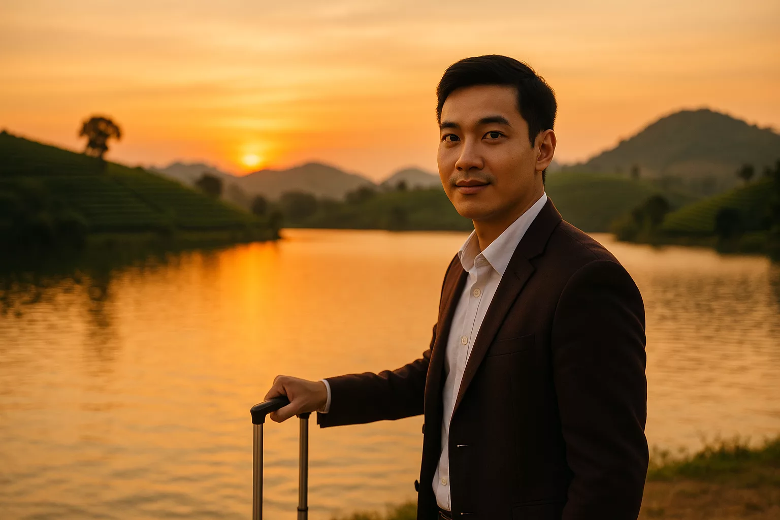 Người đàn ông đứng ngắm hồ nước lúc hoàng hôn với đồi chè phía xa, gợi ý sự kết hợp giữa công tác và du lịch tại Thái Nguyên.