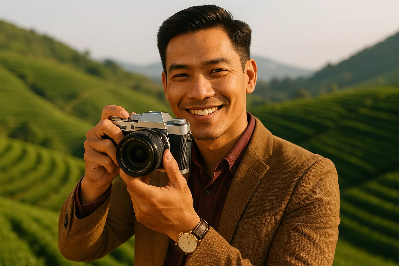 Người phụ nữ chụp ảnh trên đồi chè xanh lúc hoàng hôn, hồ nước phía xa