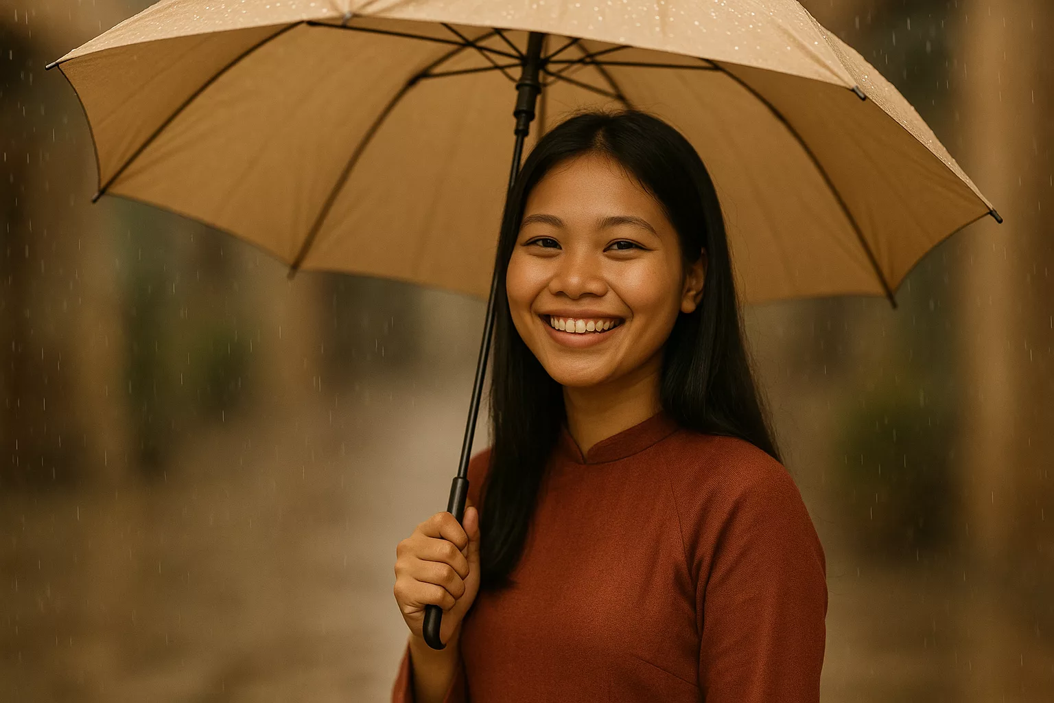 Du khách cầm ô ngắm đồi chè xanh trong mưa ở Thái Nguyên
