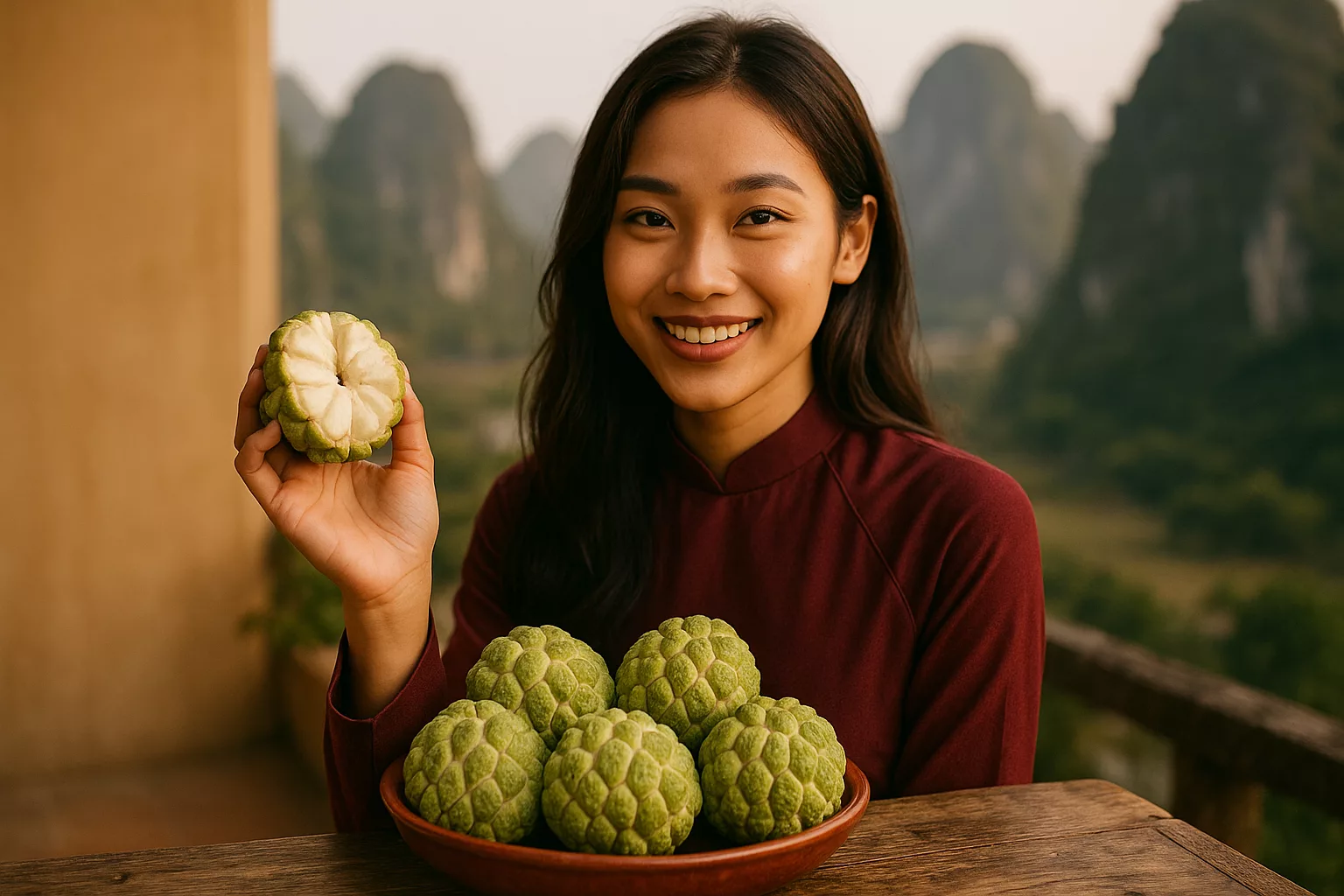 Na La Hiên tươi ngon trên bàn gỗ, phía xa là núi đá vôi Võ Nhai